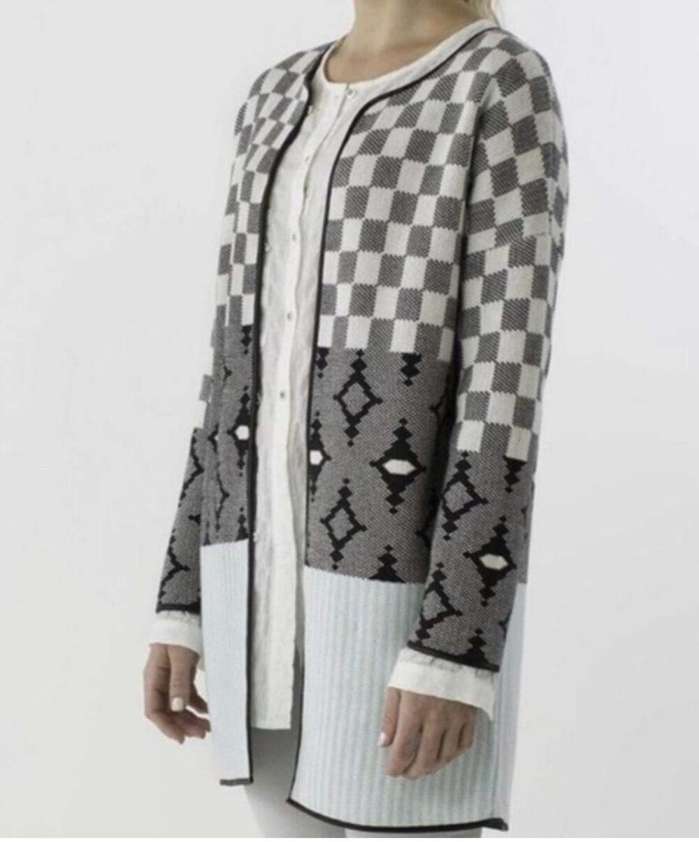 Margaret O'Leary Checkered Cardigan Sweater with Leather Trim, Size M